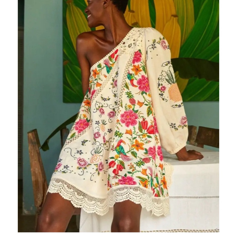 Farm Rio • Embroidered Toucans Garden One Shoulder Dress